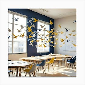 A Bright, Modern Classroom Or Workspace With Yellow And Blue Chairs, Tables, And Origami Birds Hanging From The Ceiling Canvas Print