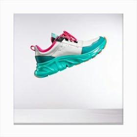 Turquoise And Pink Sneaker Crafted From Sleek Leather Captured Mid Jump With Its Sole Curiously Di Canvas Print