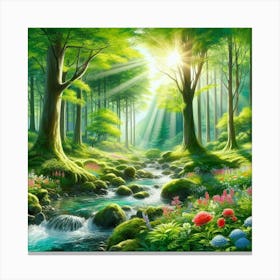 Forest lake with flowers Canvas Print