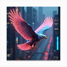 A Futuristic Eagle With Wings Made Of Shimmering, Digital Pixels Soaring Through A Neon Cityscape Canvas Print