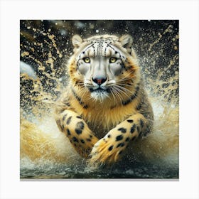 Snow Leopard Running In Water 1 Canvas Print