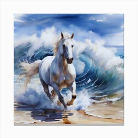 White Horse On The Beach With a Wave Canvas Print