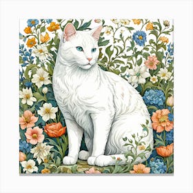 william morris inspired White Cat In Flowers Canvas Print