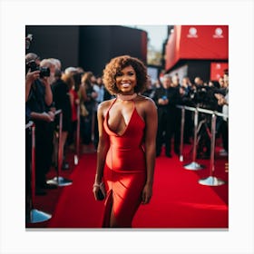 Available to purchase - A Black Woman Voluptuous Sexy Wearing A Lowcut Red Latex Dress on Red Carpet - Created by Midjourney Canvas Print