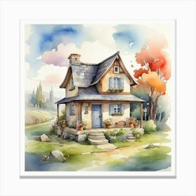 A Little House In The Village Cartoon Watercolor Dra 2 Canvas Print