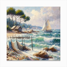 Fishing Nets On The Beach, Acrylic Painting Style Canvas Print