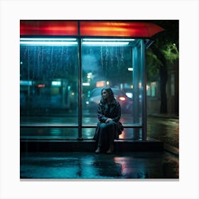 Image Of A Reflective Poised Woman Seated Alone Under A Bus Shelter As Rain Sparkles Around Her Li Canvas Print