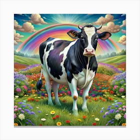 Black And White Cow Standing In A Flower Field With A Rainbow 1 Canvas Print