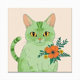 Green Cat With Flowers 2 Canvas Print