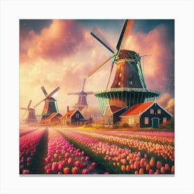 Amsterdam S Iconic Windmills Standing Tall Amidst Vibrant Tulip Fields, Style Dutch Golden Age 3 Canvas Print