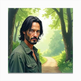 Watercolor Painting Of Keanu Reeves In A Tranquil Forest With Soft Light 1 Canvas Print