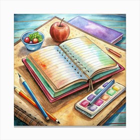 Watercolor Painting Of A Desk With Art Supplies And An Open Notebook Canvas Print