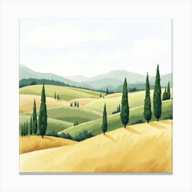 Classic Tuscan Landscape In Watercolor, Featuring Rolling Hills And Cypress Trees 1 Canvas Print