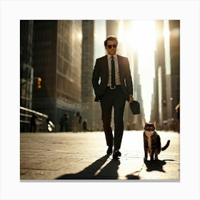 Businessman Wearing Sunglasses Accompanied By A Cat Playing At His Feet Downtown Skyscrapers Loomin (7) Canvas Print