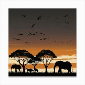 Silhouette Of Elephants At Sunset 1 Canvas Print