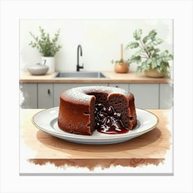 Watercolor Depiction Of A Classic And Indulgent Chocolate Lava Cake On A Modern Kitchen Table Canvas Print