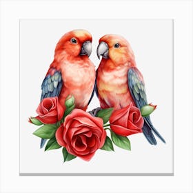 Couple Of Parrots With Roses 4 Canvas Print