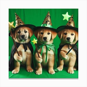 Three Golden Retriever Puppies Dressed As Witches 1 Canvas Print