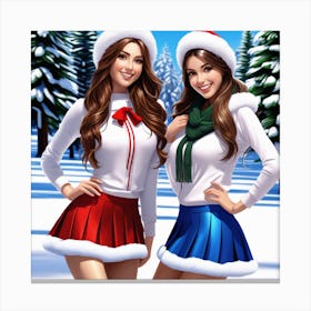 Two Girls In Santa Hats Canvas Print