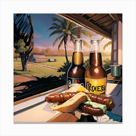 Beers and sausage sandwich Canvas Print