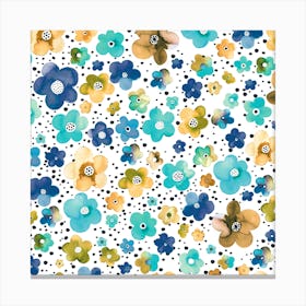 Dots Naive Flowers Blue Multi Ocre Square Canvas Print