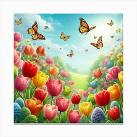 Colorful Tulips And Butterflies Canvas Print