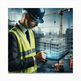 Construction Worker Using Tablet Computer Canvas Print