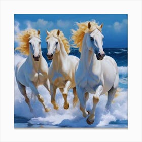 Three White Horses Running On The Beach Canvas Print