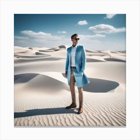 Man In Blue Coat Standing In Desert Canvas Print