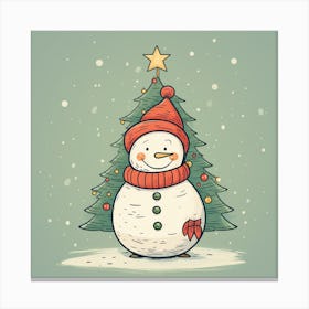 Snowman With Christmas Tree Canvas Print