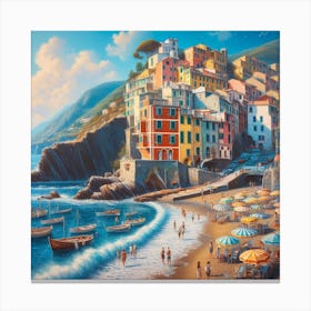 A Day in the Sun: A Realistic and Detailed Painting of a Beach Scene in Cinque Terre Canvas Print