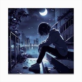 Anime Girl Sitting On Stairs At Night Canvas Print
