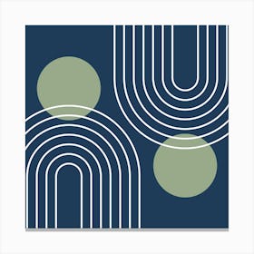 Mid Century Modern Geometric In Navy Blue And Sage Green (Rainbow And Sun Abstract) 02 Canvas Print