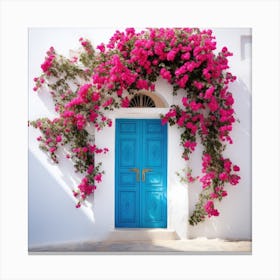 Blue Door With Pink Flowers Canvas Print