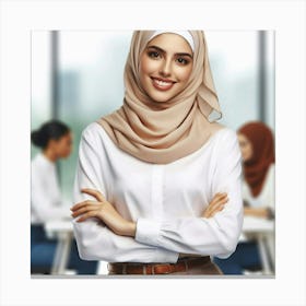 A beautiful, confident, and intelligent young woman wearing a hijab is standing in an office with her arms crossed, smiling at the camera, while two other women are working in the background Canvas Print