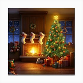 Cozy Christmas Eve Crackling Fireplace Casting A Soft Glow On The Elaborate Decorated Tree Toys Su Canvas Print