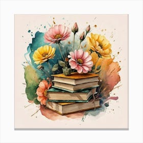 Best books and flowers on watercolor background 6 Canvas Print