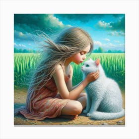 Little Girl And White Cat Canvas Print