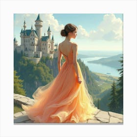 Sophisticated Woman In Watercolor Dress, Majestic Castle View 1 Canvas Print