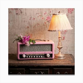 Vintage Pink And Grey Radio Adorned With Pastel Flowers Positioned On A Distressed Wooden Surface Canvas Print