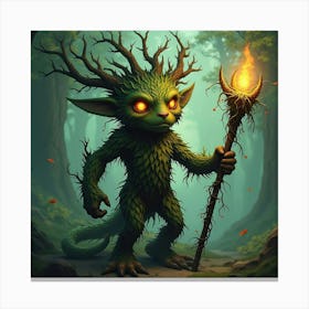 Ancient Tree Guardian With Glowing Eyes And A Staff Entwined With Vines 1 Canvas Print