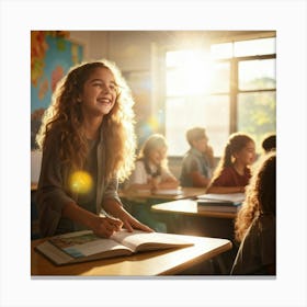 A Student Radiating Happiness While Engaging Actively In A Lesson Within The Vibrant Ambiance Of A C (1) Canvas Print