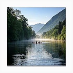 Early Morning Mist Hugging The Surface Of A Gently Flowing River Folk Kayaking Steadily Flanked By Canvas Print