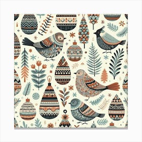 Scandinavian style, pattern with cones and birds Canvas Print