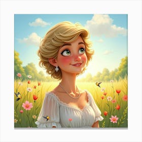 Radiant Princess Diana Smiling In Front Of A Beautiful Watercolor Meadow Scene Canvas Print