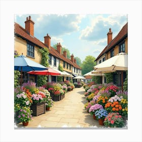 A Vibrant Flower Market In A Charming English Town, Watercolor Style 1 Canvas Print