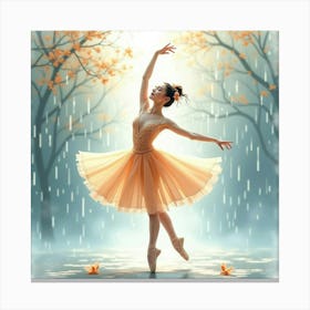 Graceful Ballerina Surrounded By Watercolor Gentle Rain 1 Canvas Print