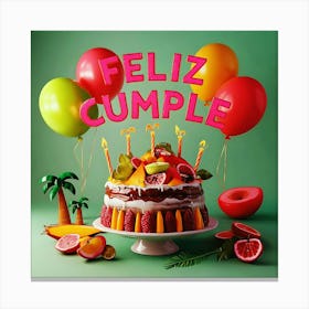 Feliz cumple and Feliz cumpleaños sign means Happy Birthday in Spanish language, Birthday party celebration gift with birthday cake candle colorful balloons best congratulation over light background wall artFeliz Cumple 50 Canvas Print