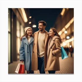 Photo Happy Couple With Shopping Bags Enjoying Night At City 2 Canvas Print