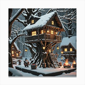 Treehouse In The Snow Canvas Print